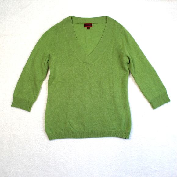 Tesori 100% Cashmere Sweater Womens Medium Green V Neck Soft Classic Knit - Picture 1 of 8
